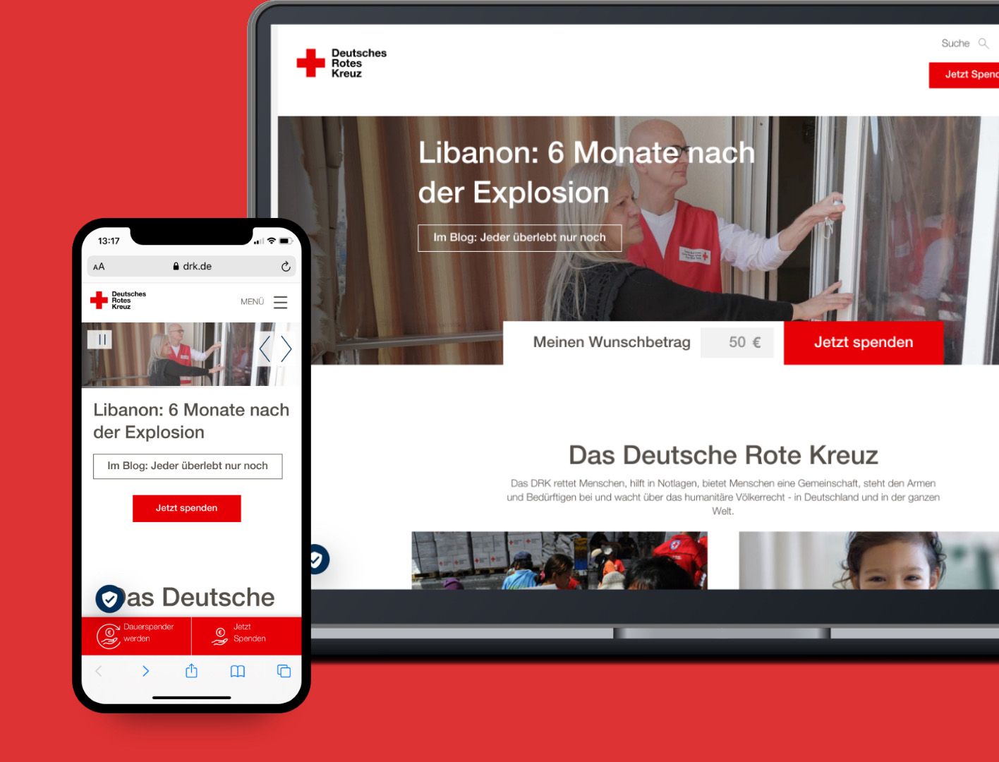 Responsive Webdesign für das Deutsche Rote Kreuz Responsive Website des Deutschen Roten Kreuzes auf einem Smartphone und einem Laptop, optimiert für verschiedene Bildschirmgrößen.