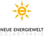Logo der Neuen Energiewelt Solarpraxis mit einem stilisierten gelben Sonnenmotiv und den Schriftzügen "NEUE ENERGIEWELT" und "SOLARPRAXIS".