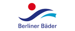 Logo der Berliner Bäder mit stilisierten blauen Wellen und einer roten Sonne.