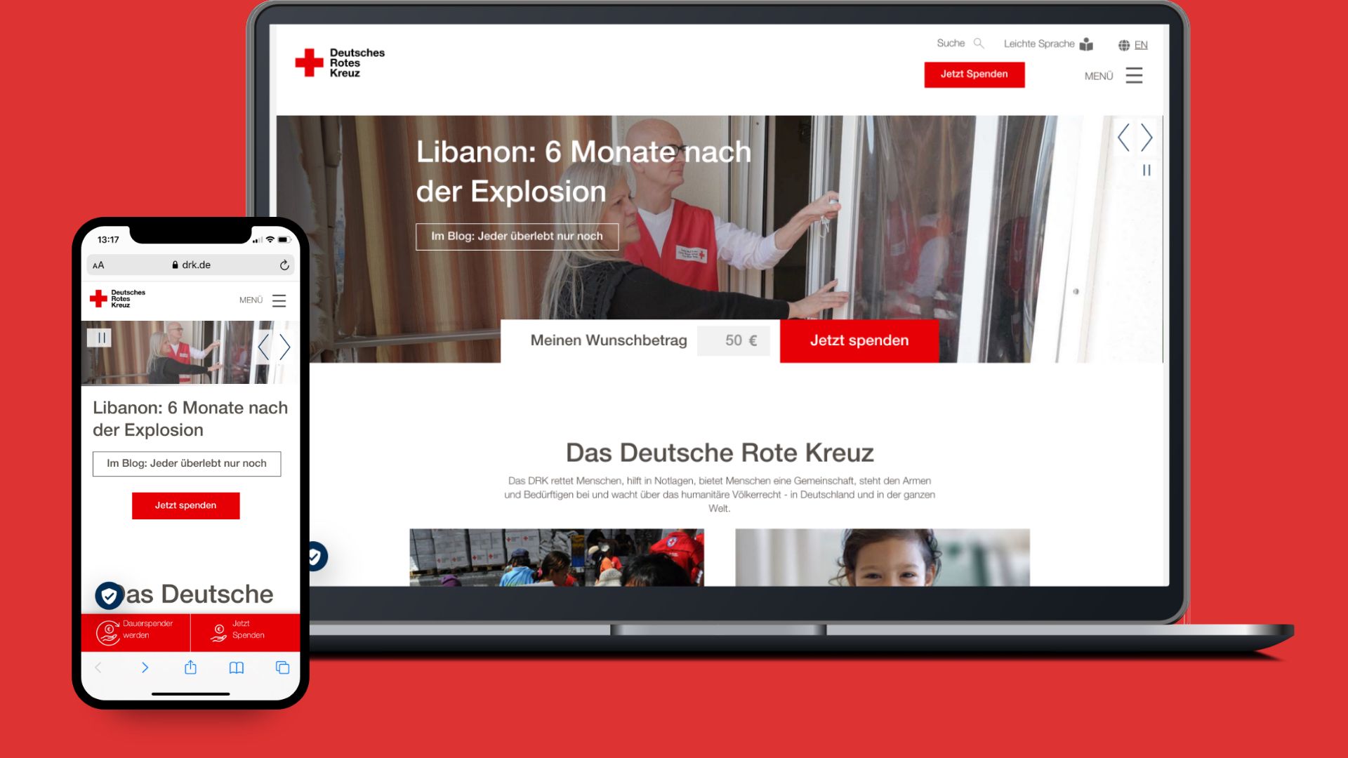 Webseiten-Design des Deutschen Roten Kreuzes auf einem Smartphone und einem Laptop, mit einem rot-weißen Design und der Schlagzeile ‚Libanon: 6 Monate nach der Explosion‘ auf dem Bildschirm.