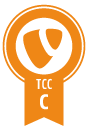 TCC Zertifikat Logo mit orangefarbenem Band und dem Buchstaben "C", das für die Zertifizierung von e-pixler steht.