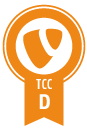 TCC Zertifikat Logo mit orangefarbenem Band und dem Buchstaben "D", das für die Zertifizierung von e-pixler steht.